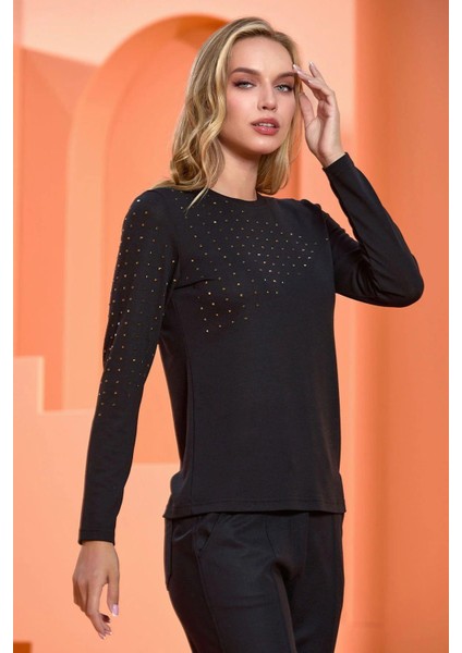 25271 Kadın Uzun Kollu Taş Baskılı Spor Ikili Rahat Ev Giyim-Siyah fiyatları