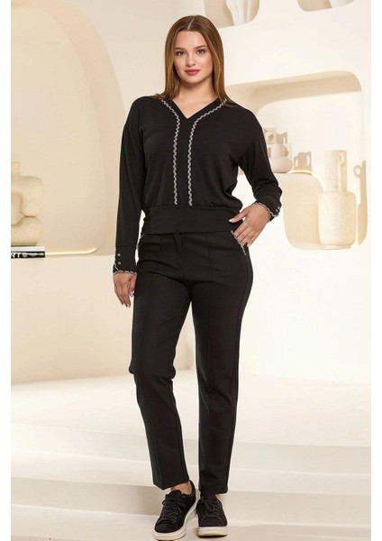 25342 Kadın Uzun Kol V Yaka Spor 2'li Rahat Ev Giyim-Siyah fiyatları