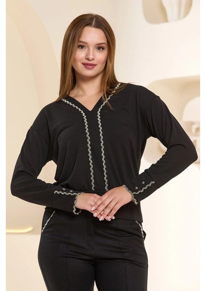 25342 Kadın Uzun Kol V Yaka Spor 2'li Rahat Ev Giyim-Siyah modelleri