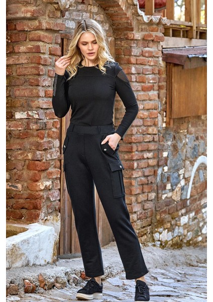 24265 Kadın Uzun Kollu Kargo Cep Detaylı Spor 2'li Takım-Siyah