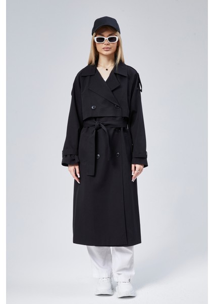 Oversize Kruvaze Kapama Rüzgarlık Detaylı Trençkot