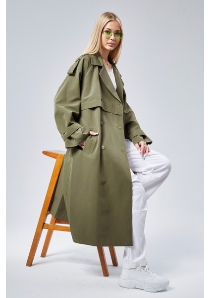 Haki Oversize Kruvaze Kapama Rüzgarlık Detaylı Trençkot 44956