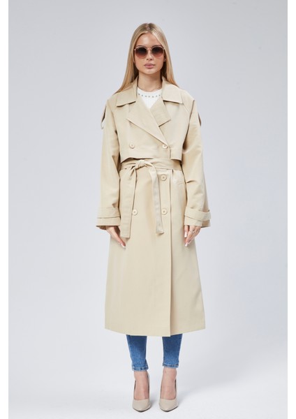 Bej Oversize Kruvaze Kapama Rüzgarlık Detaylı Trençkot 44956