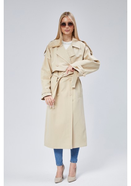 Bej Oversize Kruvaze Kapama Rüzgarlık Detaylı Trençkot 44956 fırsatları