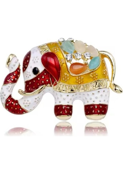 Gold Renk Doğaltaşlı ve Zirkon Taşlı Renkli Mineli Şık Fil Broş
