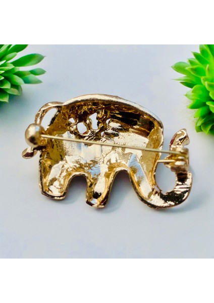 Gold Renk Doğaltaşlı ve Zirkon Taşlı Renkli Mineli Şık Fil Broş modelleri