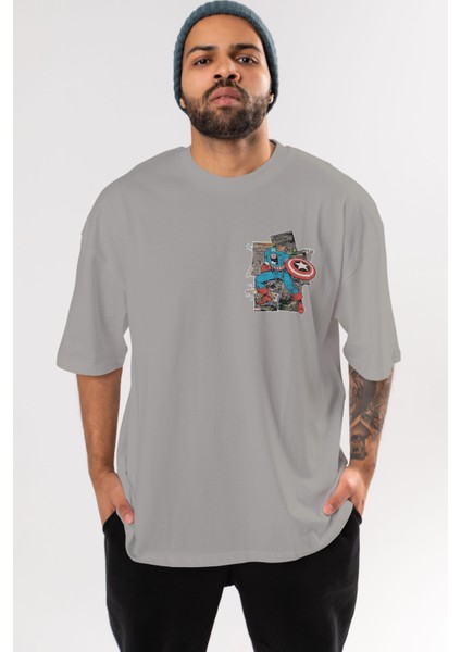 Captain America (2) Ön Sol Baskılı Oversize T-Shirt Erkek Kadın Unisex Pamuk Bisiklet Yaka Tişort