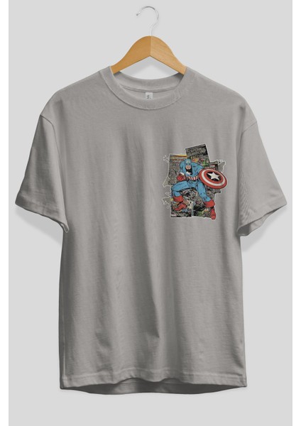 Captain America (2) Ön Sol Baskılı Oversize T-Shirt Erkek Kadın Unisex Pamuk Bisiklet Yaka Tişort
