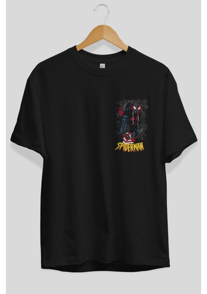 Spiderman (25) Ön Sol Baskılı Oversize T-Shirt Erkek Kadın Unisex Pamuk Bisiklet Yaka Tişort