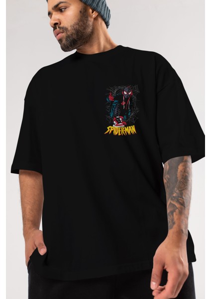 Spiderman (25) Ön Sol Baskılı Oversize T-Shirt Erkek Kadın Unisex Pamuk Bisiklet Yaka Tişort