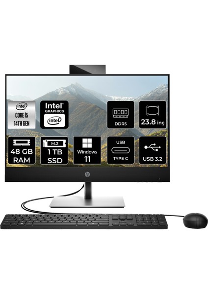 ProOne 440 G9 Intel Core i5 14500T 48GB 1TB SSD 23.8" FHD W11H All In One Bilgisayar - WIFI/BT/WEBCAM YOK - & PER4 USB Bellek 9H6X3ETPN368