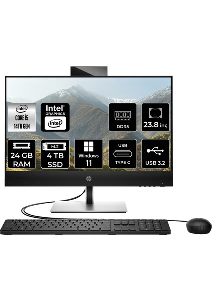 ProOne 440 G9 Intel Core i5 14500T 24GB 4TB SSD 23.8" FHD W11P All In One Bilgisayar - WIFI/BT/WEBCAM YOK - & PER4 USB Bellek 9H6X3ETPN395