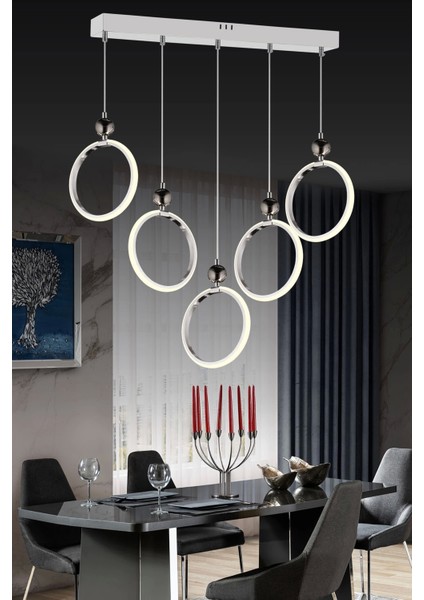 Modern Beşli Yuvarlak Üç Renkli Krom Yemek Odası Ledli Avize ve Salon Avize