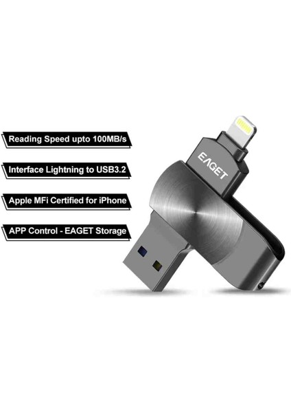 İ66 128Gb. MFi Apple Lisanslı iphone Lightning ve Usb 3.2 Süper Hızlı Orjinal Otg Çift Giriş Flash Bellek Süper Hızlı Metal Sağlam Orjinal