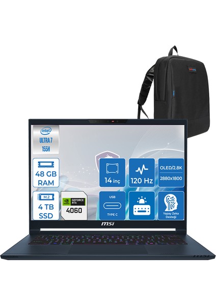 Stealth 14 Aı Studıo Ultra 7 155H 48GB Ddr5 4tb SSD 8GB/RTX4060/105W 14" 2.8k OLED 120Hz WIN11PRO Taşınabilir Bilgisayar MSA1VFGP14 + Zettaçanta