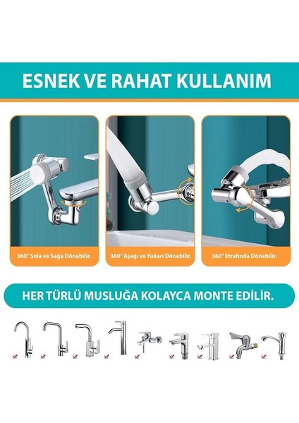 Robotik Kol Mutfak Banyo Musluk Başlığı 1080 Derece Dönebilen Evrensel 2 Modlu