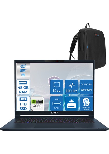 Stealth 14 Aı Studıo Ultra 7 155H 48GB Ddr5 1tb SSD 8GB/RTX4060/105W 14" 2.8k OLED 120Hz Freedos Taşınabilir Bilgisayar MSA1VFGF12 + Zettaçanta