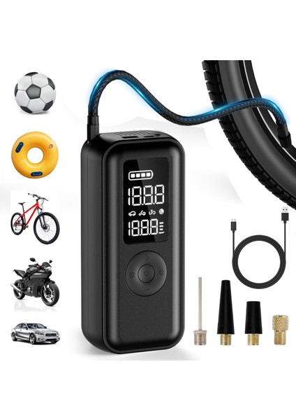 Elektrikli Hava Pompası 150 Psi, 6000 Mah Pilli LCD Ekranlı Led'li ve USB Çıkışlı Akülü Kompresör