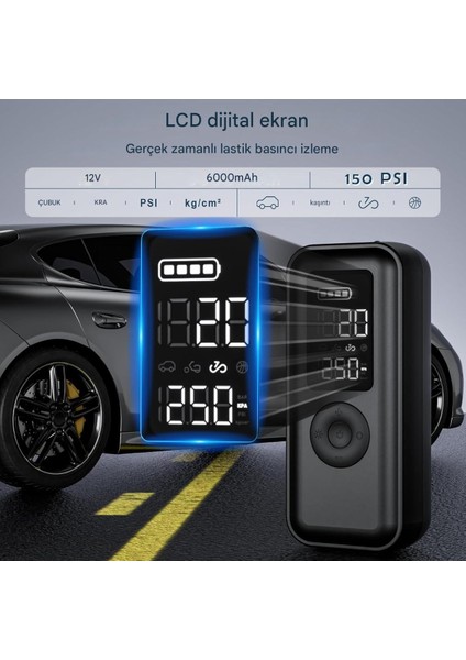 Elektrikli Hava Pompası 150 Psi, 6000 Mah Pilli LCD Ekranlı Led'li ve USB Çıkışlı Akülü Kompresör fiyatları