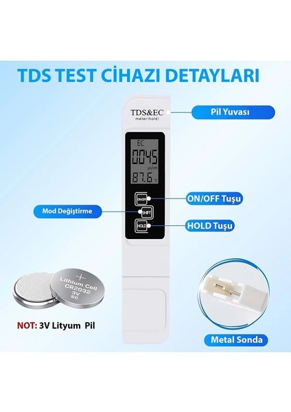 Sıcaklık Ölçüm Cihazı 3in1 Dijital Tds Su Kalitesi Değeri İçme suyunu, yüzme havuzlarını, akvaryumdaki pH dengesini, spayı veya hidroponiği test etmek için ideal bir cihazdır.