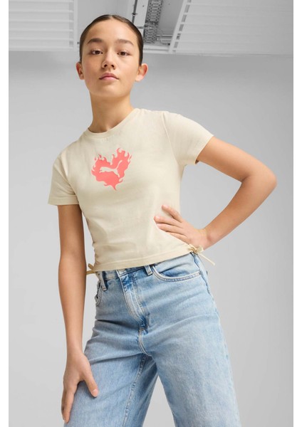 Flaming Love Knotted Tee Bej Kız Çocuk Kısa Kol T-Shirt