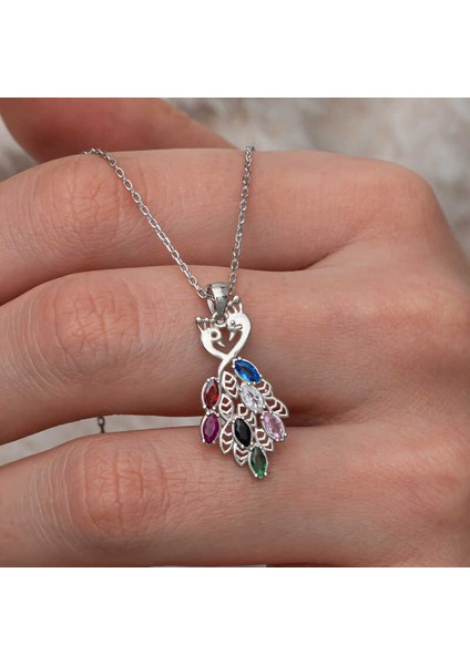 Gümüş Renkli Taşlı Tavus Kuşu Kadın Kolye