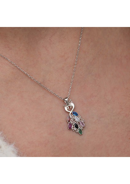 Gümüş Renkli Taşlı Tavus Kuşu Kadın Kolye indirimleri