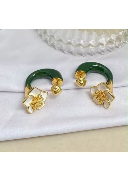 Çiçek Model Gold Renk Yeşil ve Beyaz Renk Mineli Şık Halka Küpe fiyatları