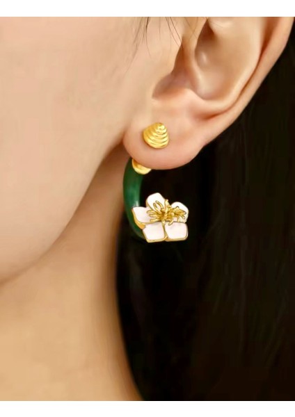 Çiçek Model Gold Renk Yeşil ve Beyaz Renk Mineli Şık Halka Küpe fırsatları