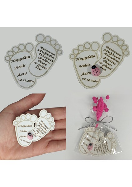 Teknoloji Bebek Yeni Doğan Mevlüt Sünnet Düğün Nişan Kına Hediyelik Bebek Ayaklı Uğur Böceği Çiçek Süslü Beyaz Magnet 25 Adet