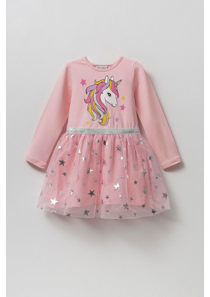 Pembe Unicorn Desenli Astarlı Pamuklu Elbise