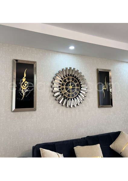 65 x 62 Piyano X-3lü Bronz Ayna Duvar Saati ve Tablo Seti-Küçük(Duvar SAATI:65CM,TABLOLARIN Herbiri