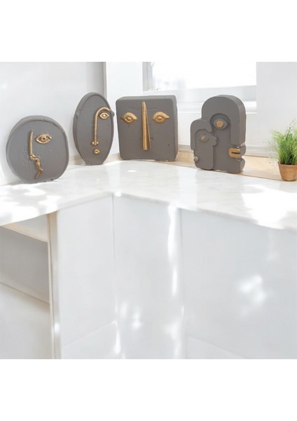 Altın Detaylı 4’lü Minimalist Beton Heykel Seti - Boyalı Soyut Yüz Tasarımı Gri Renk fiyatları