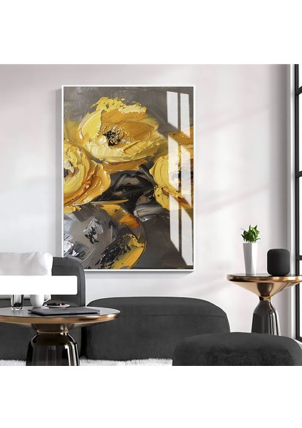 Harikabirev|soft Gri-Sarı Gül Desenli Model 1|çerçeveli Temperli Cam Tablo Tekli Dikey