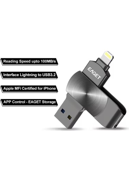 İ66 64Gb. MFi Apple Lisanslı iphone Lightning ve Usb 3.2 Süper Hızlı Orjinal Otg Çift Giriş Flash Bellek Süper Hızlı Metal Sağlam Orjinal