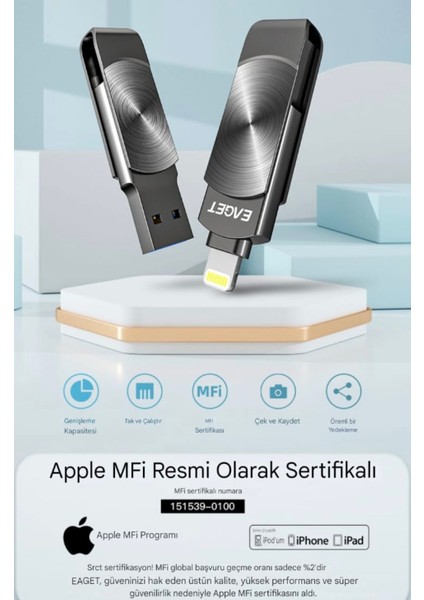 İ66 64Gb. MFi Apple Lisanslı iphone Lightning ve Usb 3.2 Süper Hızlı Orjinal Otg Çift Giriş Flash Bellek Süper Hızlı Metal Sağlam Orjinal