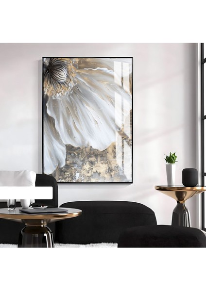 Harikabirev|gri-Gold Soft Çiçek Desenli Model Iı |çerçeveli Temperli Cam Tablo Tekli Dikey