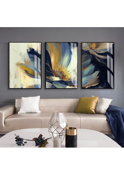 Harikabirev|lacivert-Gold Çiçek Kombini |çerçeveli Cam Tablo 3lü Dikey
