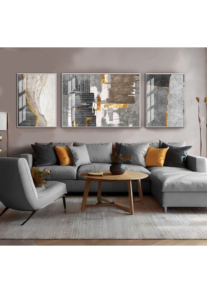 Harikabirev|siyah-Gri-Gold Soyut Çiçek Kombini 02 |çerçeveli Temperli Cam Tablo 3lü Yatay