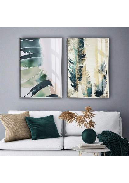 Harikabirev|yeşil-Krem Renk Soyut Yaprak Kombini |temperli Çerçeveli Cam Tablo 2li Dikey