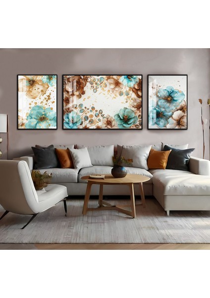 Harikabirev|su Yeşili-Kahveerengi Çiçek Kombini|çerçeveli Temperli Cam Tablo 3lü Yatay