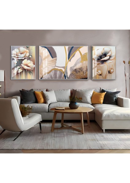 Harikabirev|krem-Gold Abstract Çiçek Kombini|çerçeveli Temperli Cam Tablo 3lü Yatay