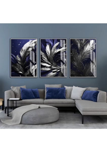 Harikabirev|lacivert-Gümüş Yapraklı Kombini|çerçeveli Cam Tablo 3lü Dikey