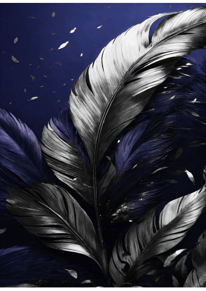 Harikabirev|lacivert-Gümüş Yapraklı Kombini|çerçeveli Cam Tablo 3lü Dikey modelleri