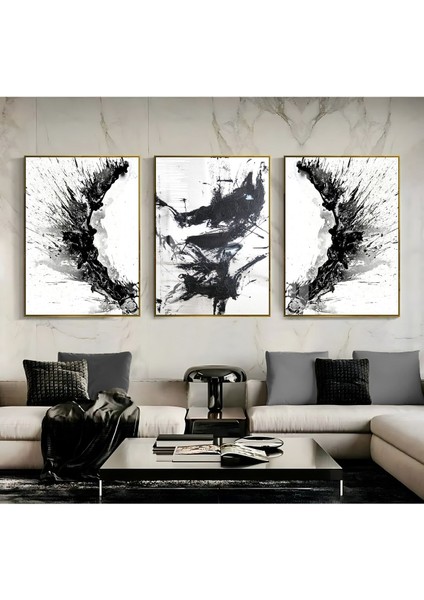 Harikabirev|siyah Beyaz Renk Sevilen Soyut Dalga Seti |çerçeveli Cam Tablo 3lü Dikey