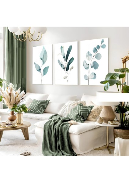 Harikabirev|yeşil Minimalist Yapraklar Seti |çerçeveli Cam Tablo 3lü Dikey