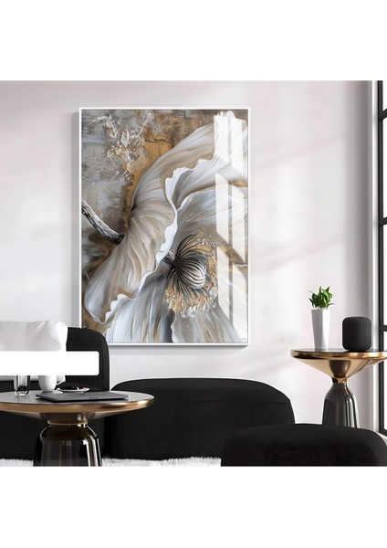 Harikabirev|gri-Gold Soft Çiçek Desenli Model|çerçeveli Temperli Cam Tablo Tekli Dikey