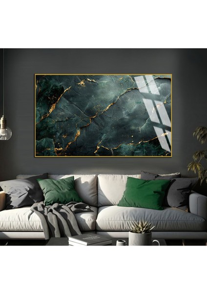 Harikabirev|gold Zümrüt Yeşil Soyut Model 01 |çerçeveli Temperli Cam Tablo Tekli Yatay
