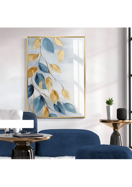 Harikabirev|mavi-Gold Renkli Yaprak Desen Model 2|çerçeveli Temperli Cam Tablo Tekli Dikey