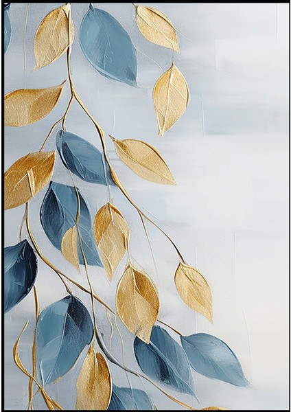 Harikabirev|mavi-Gold Renkli Yaprak Desen Model 2|çerçeveli Temperli Cam Tablo Tekli Dikey fiyatları